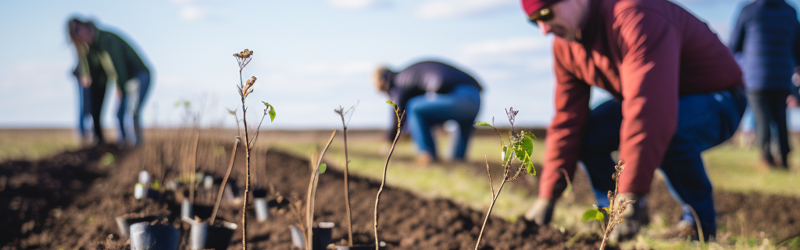 Folk planter skov på åben mark
