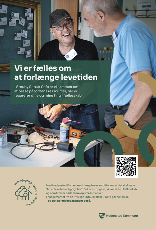 Klimakampagne 2025. Vi er fælles om at forlænge levetiden. I Stouby Repair Café er vi sammen om at passe på jordens ressourcer, når vi reparerer dine og mine ting i fællesskab.