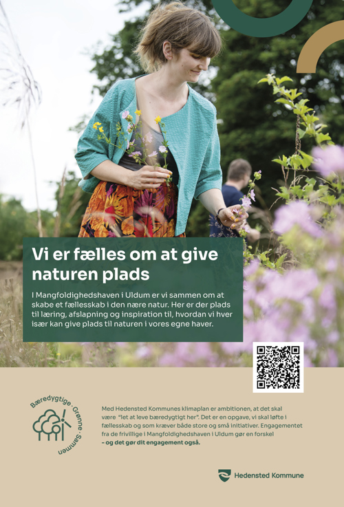 Klimakampagne 2025. Vi er fælles om at give naturen plads. I Mangfoldighedshaven i Uldum er vi sammen om at skabe et fællesskab i den nære natur. Her er der plads til læring, afslapning og inspiration til, hvordan vi hver især kan give plads til naturen i vores egne haver.